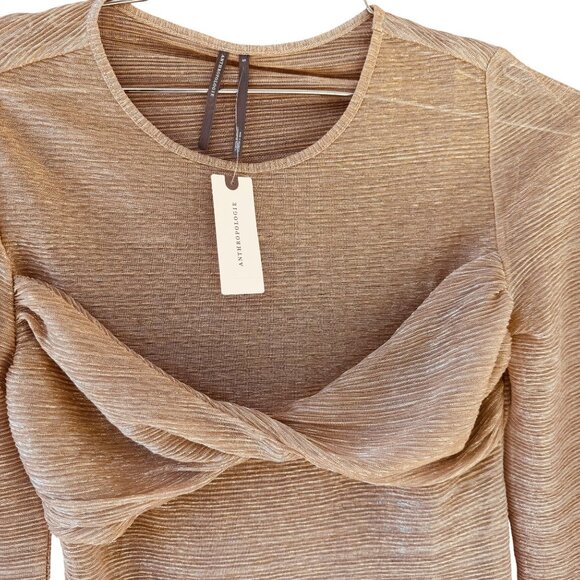 By Anthropologie Twist Front Shine Top Gold Metallic Long Sleeve Sheer Sz Small - Picture 3 of 8